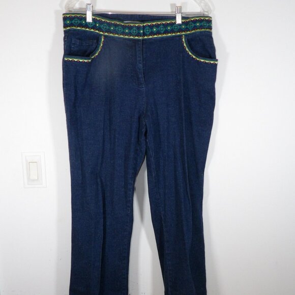 ANN TRINITY Blue Denim Jeans Green and Teal Embroidered Wide Waistband 16 - Picture 3 of 9